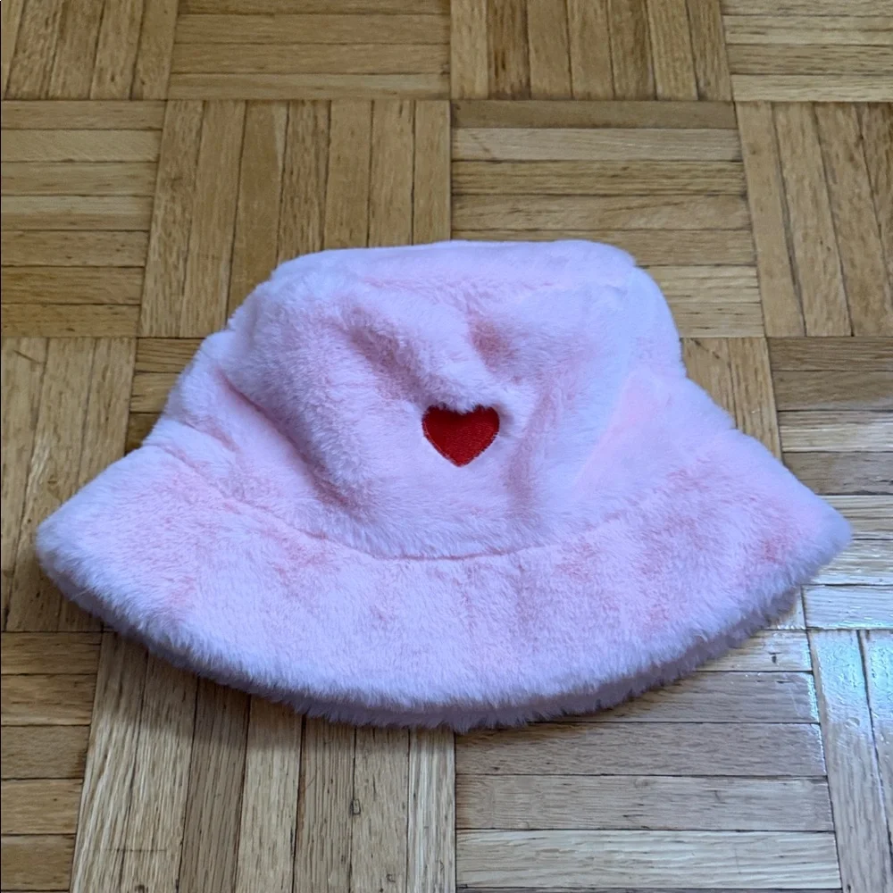 Claire's Pink Fuzzy Bucket Hat with Red Heart